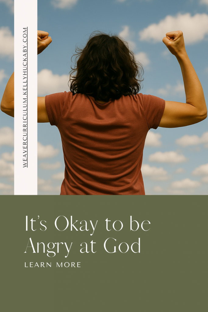 Woman angry at God, shaking fists at the sky
